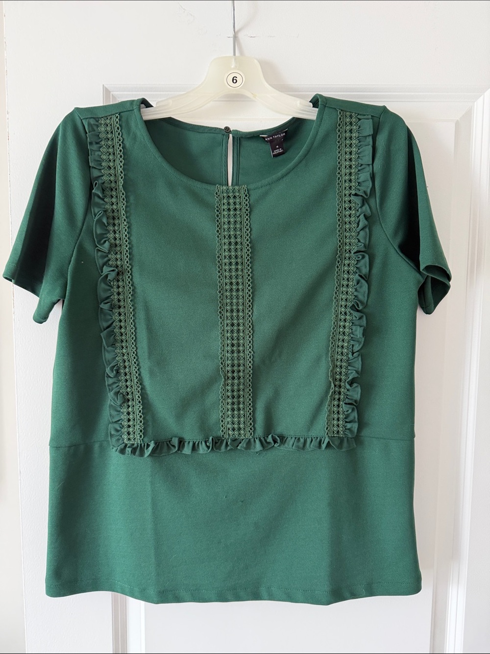 Ann Taylor Emerald Green Ruffle Trim Short Sleeve Blouse